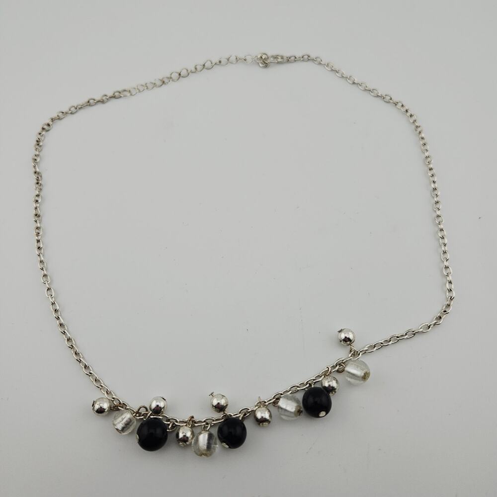 Silver Tone Chain With Black & Silver Beaded Tassel Fringe Trim Dangle Drop
